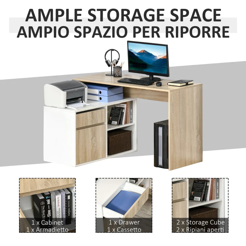 L-Shaped Corner Computer Desk with Storage Drawer & Adjustable Shelf - Oak & White Home Office Furniture, 120x92x75cm