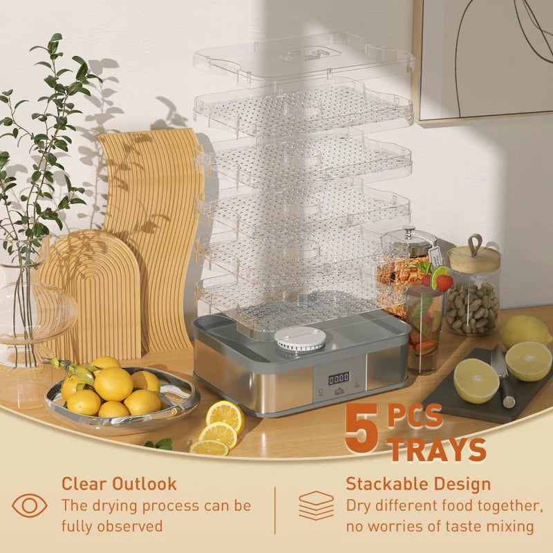 5-Tier Stainless Steel Food Dehydrator - 245W Adjustable Temperature & Timer, LCD Display for Fruits, Vegetables, Jerky & Pet Treats - Grey