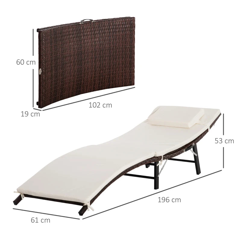Cream White Rattan Folding Sun Lounger with Cushion and Pillow
