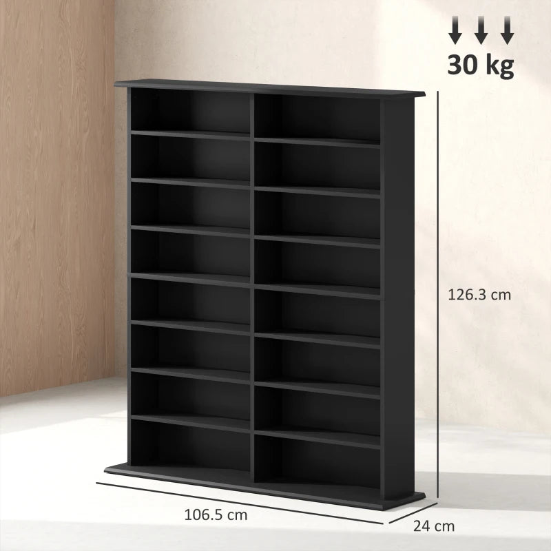 16-Compartment Black Media Shelf - Stylish Storage Solution for DVDs, Games, and Books - Perfect for Home Organization