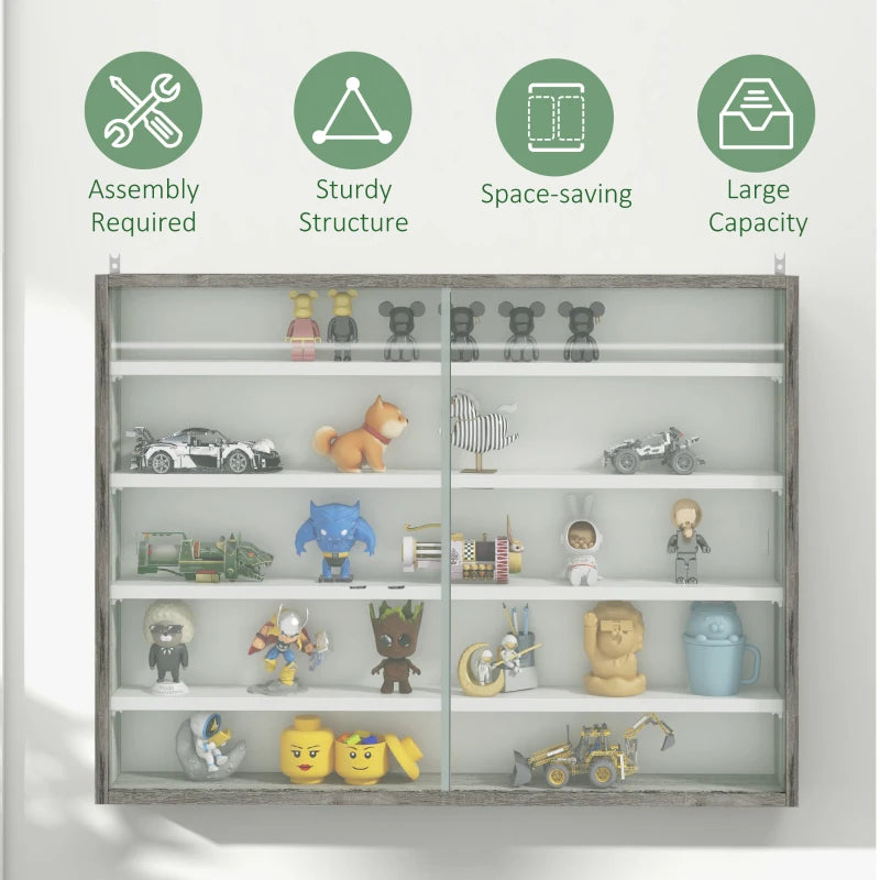 5-Tier Wall Display Shelf Unit with 4 Adjustable Shelves & Glass Doors - Grey Wood Grain Cabinet for Home Office Decor 60x80cm