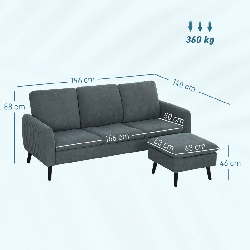 Charcoal Grey 3 Seater L-Shaped Sofa with Ottoman and Reversible Chaise for Small Living Spaces