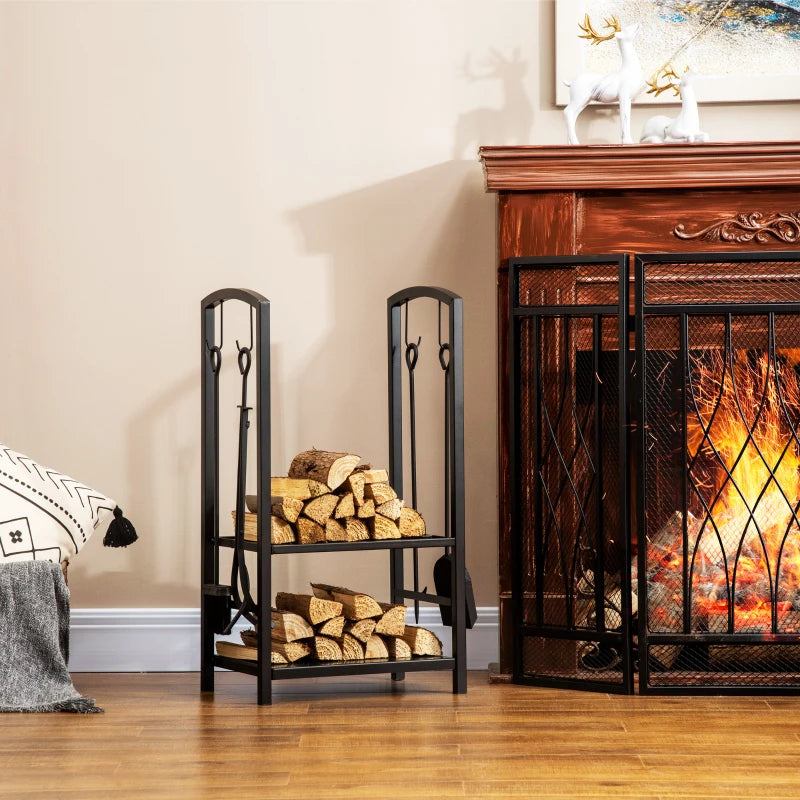 Metal Firewood Log Holder Rack - 2 Layer Indoor Outdoor Fireplace Wood Storage with Tools & Hooks, Black, 40L x 30W x 74.5H cm