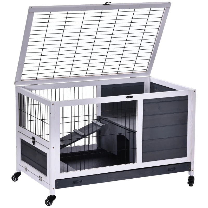 Wooden Guinea Pig Hutch & 2-Floor Bunny Cage with Enclosed Run Area - Stylish Grey Pet Home