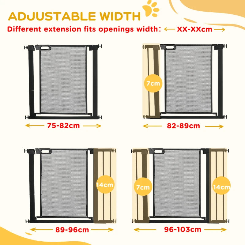 Adjustable Pressure Fit Safety Gate for Staircases, Hallways & Doorways - Black, 75-103CM with Extensions Kit