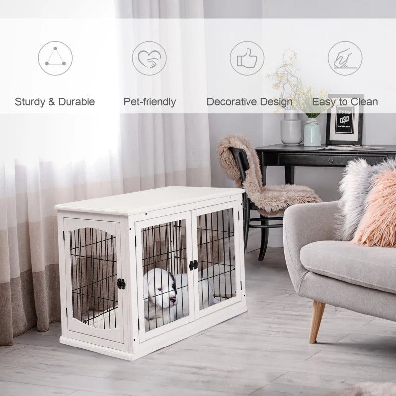 Stylish Dog Crate Furniture - Puppy End Table Kennel with 2 Doors for Medium & Small Dogs, White, 81x58.5x66 cm