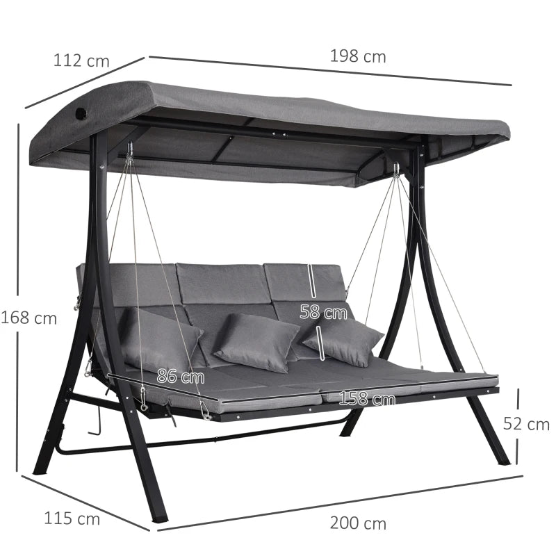 Grey Padded 3-Seater Outdoor Swing Hammock with Canopy