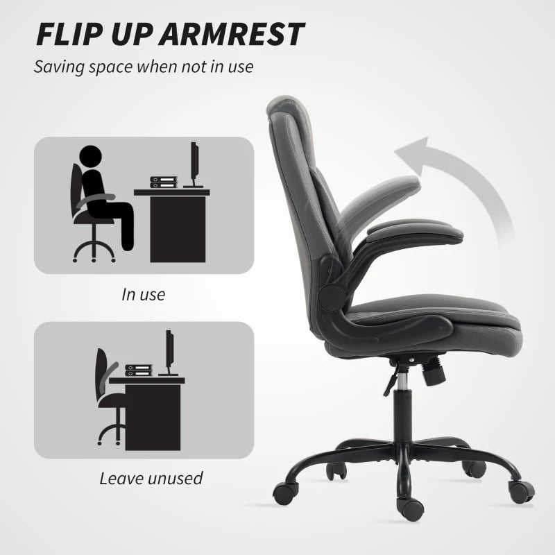 Charcoal Grey Faux Leather Office Chair with Flip-Up Armrests - Ergonomic Design for Comfort and Style