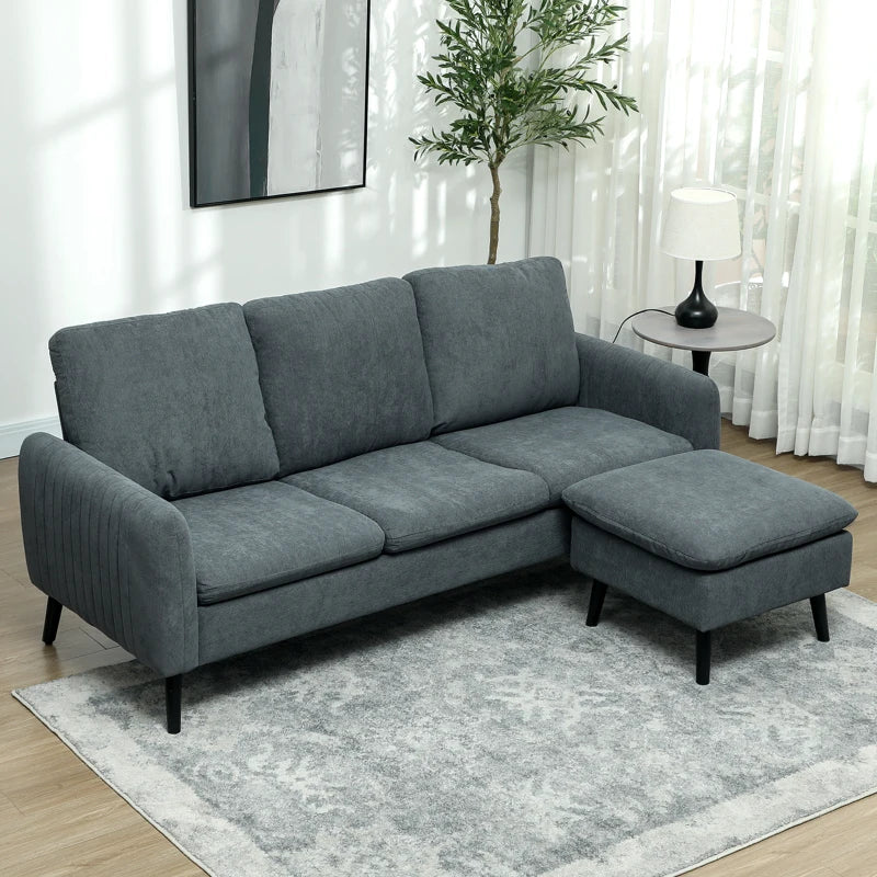 Charcoal Grey 3 Seater L-Shaped Sofa with Ottoman and Reversible Chaise for Small Living Spaces