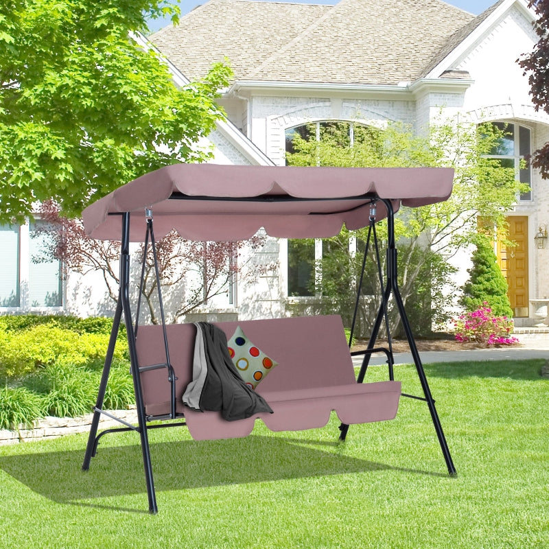 Brown 3-Seater Canopy Swing Chair with Top Roof - Heavy Duty Metal Garden Rocking Bench