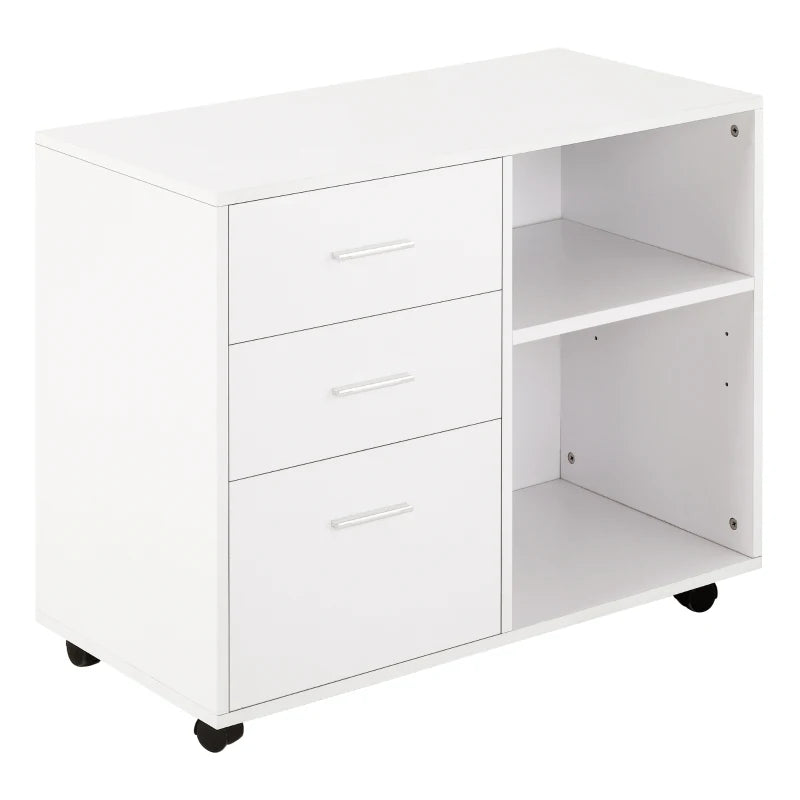 Modern Freestanding Printer Stand with Wheels - Office Desk Storage Unit, 3 Drawers & 2 Open Shelves, White, 80x40x65 cm