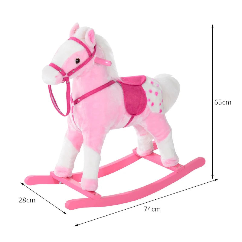 Pink Baby Rocking Horse Plush Ride-On Toy with Sound and Handle Grip for Kids Ages 3-6 - Perfect Gift!