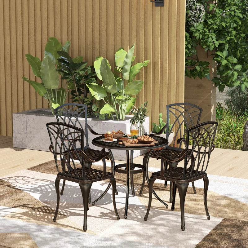 5-Piece Bronze Outdoor Garden Dining Set for 4 - Cast Aluminium Round Table with Parasol Hole and 4 Armchairs