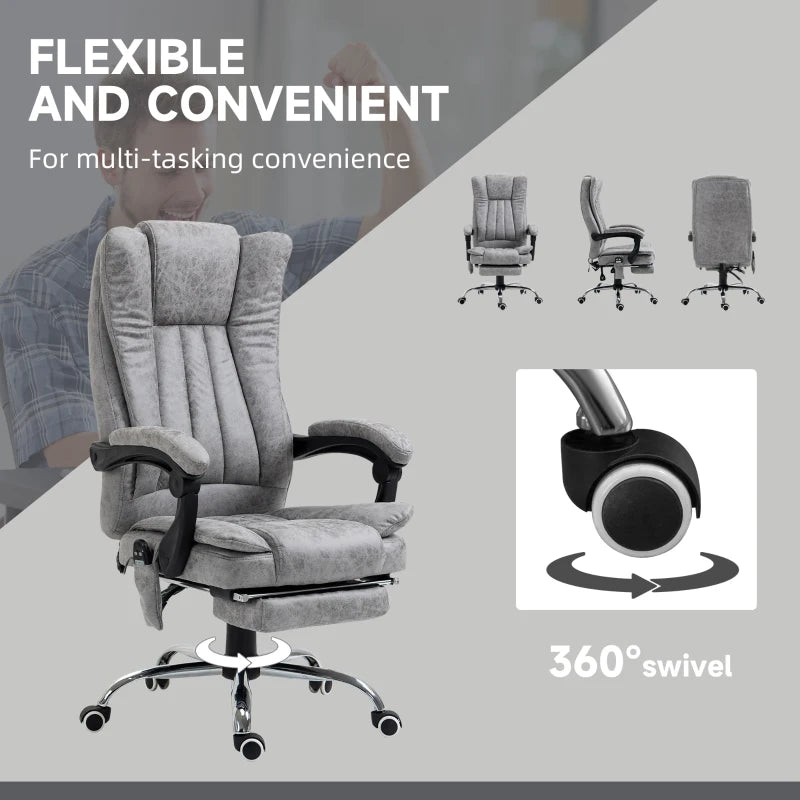 Vinsetto Grey Office Chair with Massage & Heat, Reclining Microfibre Desk Chair with Footrest, Adjustable Height & Swivel Wheels
