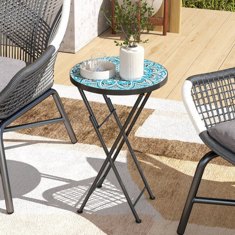 Mosaic Round Folding Garden Table, 35.5cm Blue Coffee Table for Balcony & Terrace