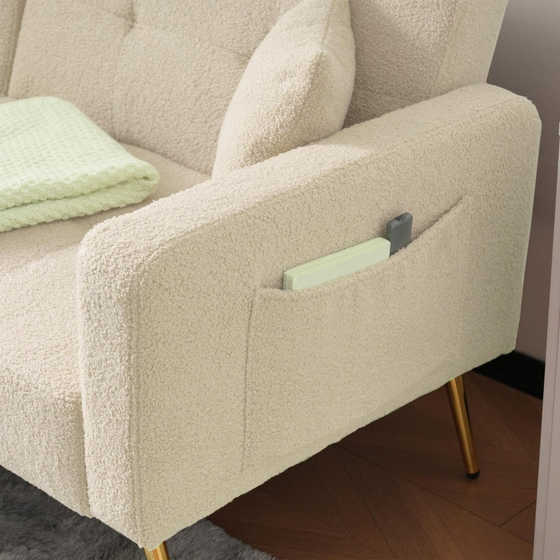 Elegant Beige Convertible Sofa Bed with Adjustable Backrest and Side Pockets, Perfect Loveseat for Bedroom, 176L x 64W x 75H cm
