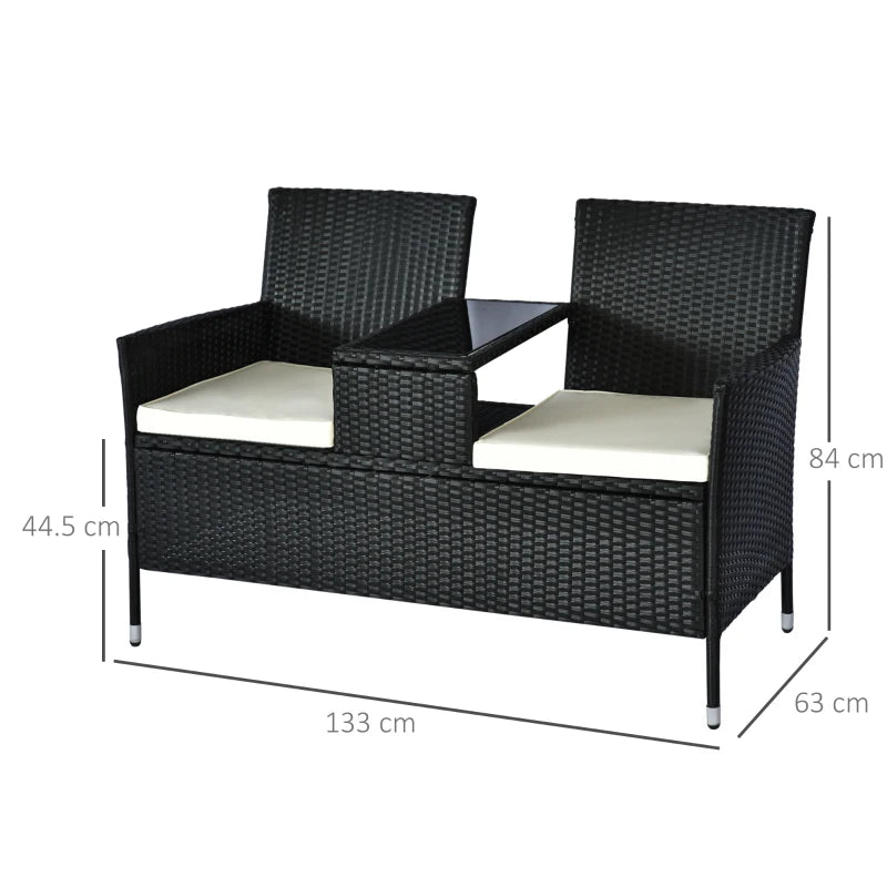 Black Rattan 2-Seater Outdoor Patio Loveseat with Drink Table