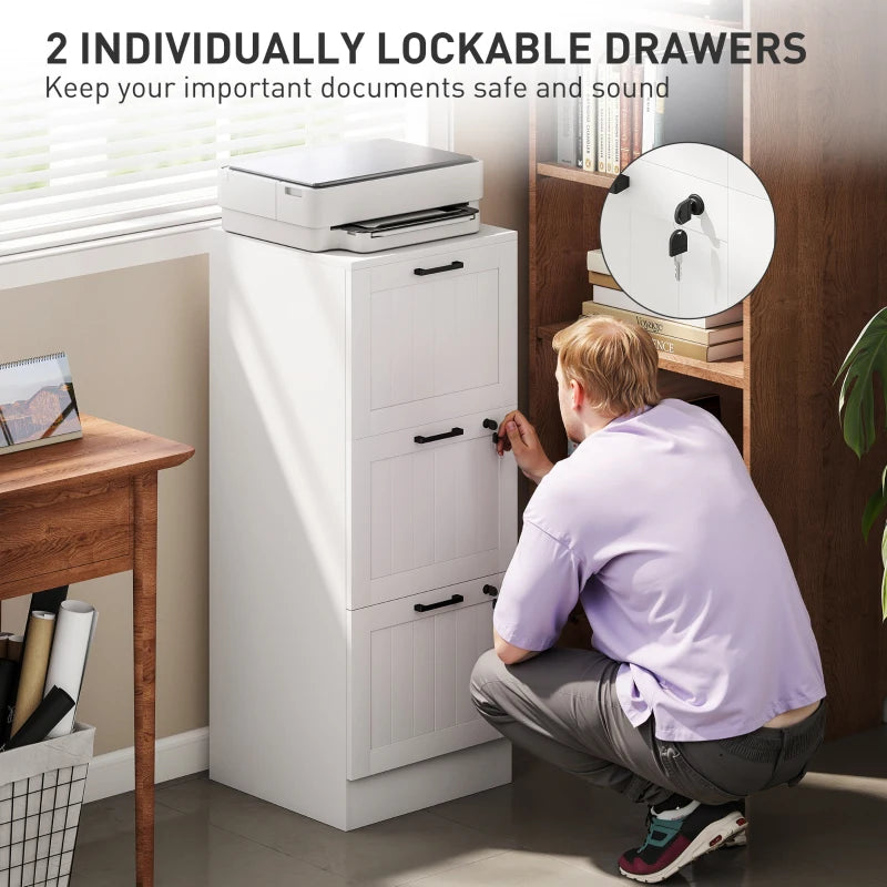 Secure 3 Drawer Filing Cabinet with Lock - Adjustable Hanging Bars for A4 Files - Stylish White Office Storage Solution