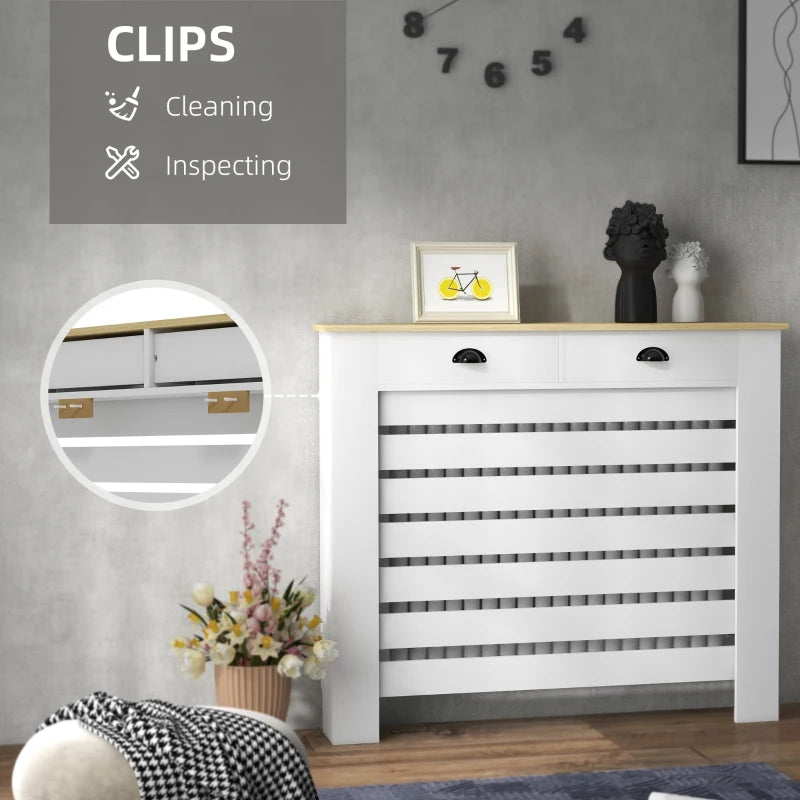 Elegant White Radiator Cover with Drawer 95.5H x 111Wcm for Home Decor