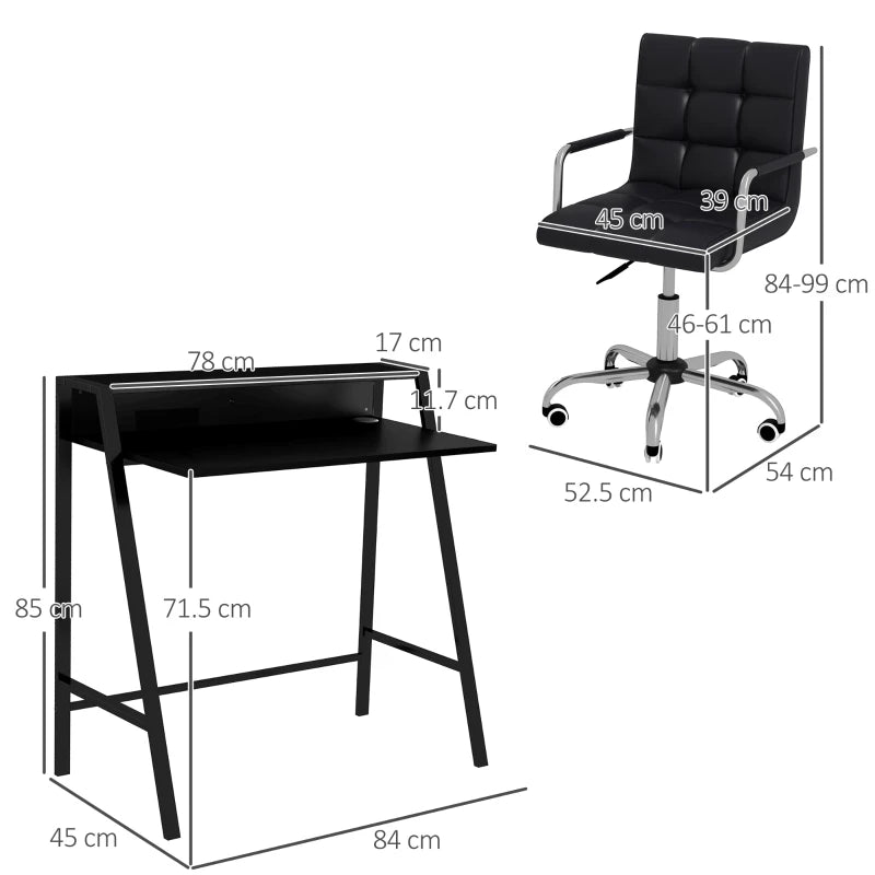 Home Office Chair and Desk Set - Faux Leather Swivel Chair with Storage Shelf, Black Study Desk for Comfort & Style