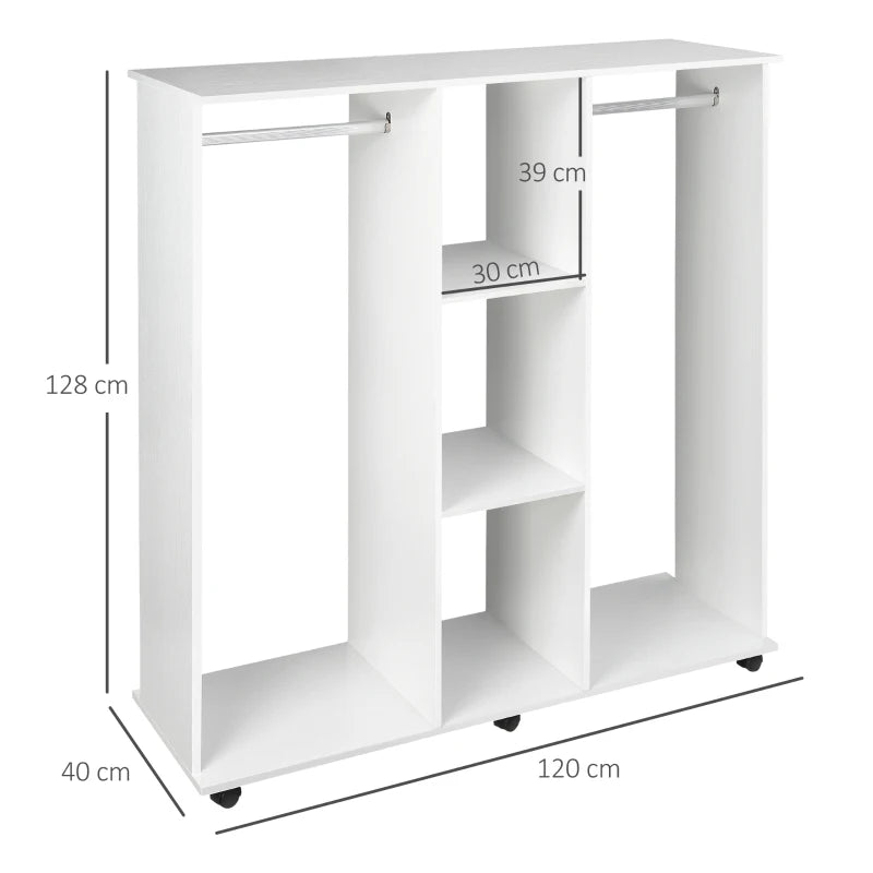 Double Mobile Open Wardrobe Storage Organizer with 6 Wheels Stylish White Design