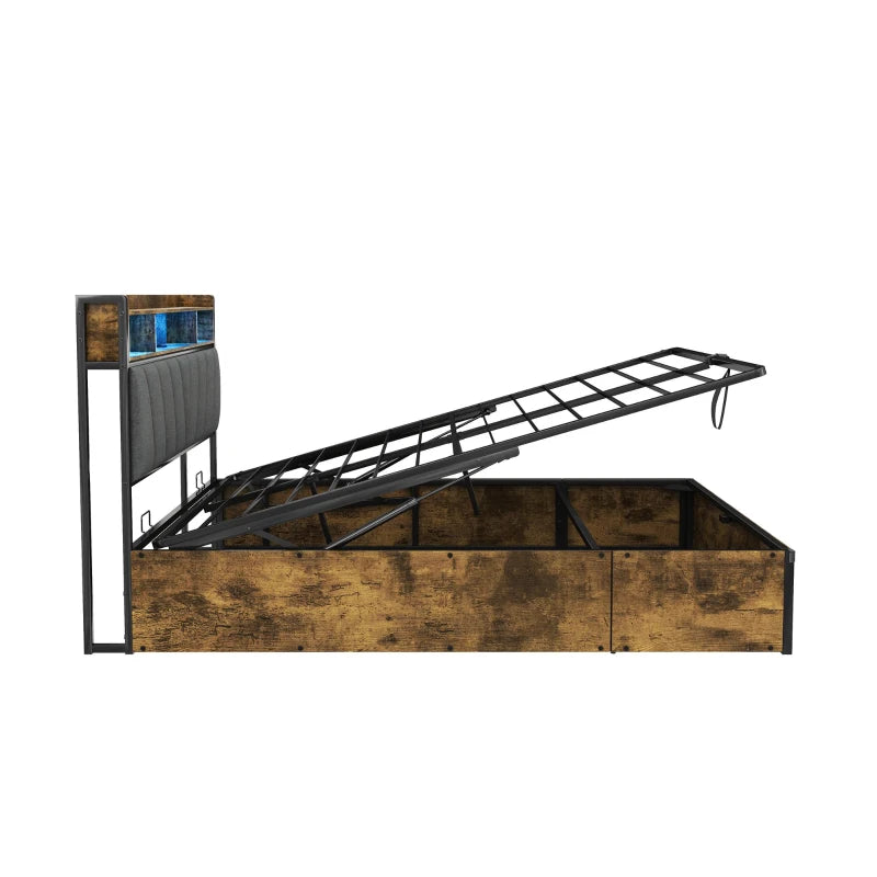 Double Bed Frame with RGB LED Headboard & Charging Station, Hydraulic Storage, Linen Fabric, Black & Walnut, 205x136x109 cm