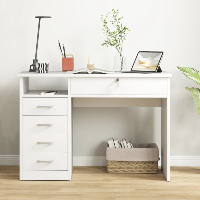 Modern Home Office Computer Desk with Lockable Drawer and Storage Shelf for Study or Bedroom 110x50x76 cm White