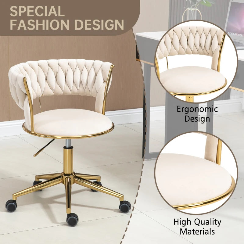 Ivory Velvet 360° Swivel Computer Chair with Backrest, Adjustable Height, 5 Wheels, Stainless Base, 62x62x77 cm
