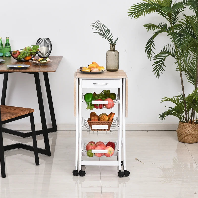 Drop-Leaf Kitchen Cart Trolley with 3 Baskets & Drawer - Rolling Storage Unit on 6 Wheels - White Oak Tone