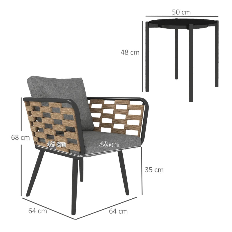 3 Piece Rattan Bistro Set with Cushions and Glass Top Table for Outdoor Patio