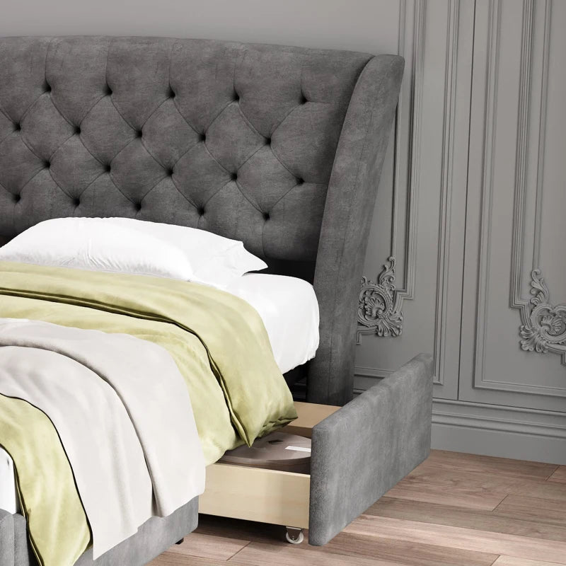 Grey Upholstered Storage Bed with 4 Drawers & Soft Backrest - Metal Frame, 204L x 156W x 106H cm