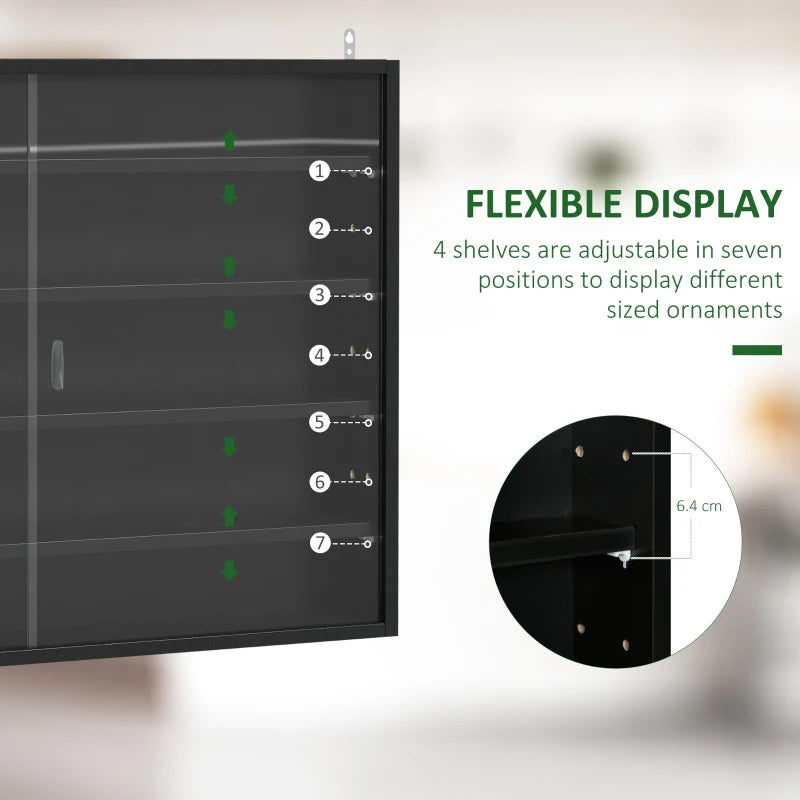 5-Tier Adjustable Wall Display Shelf Unit with Glass Doors - Black Cabinet for Home Office Ornaments, 60x80cm