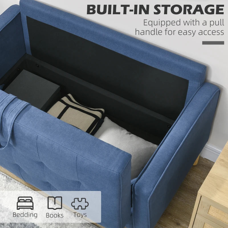 Compact Modern Loveseat Sofa with Hidden Storage, 117cm Tufted Cotton Couch with Wooden Legs in Blue