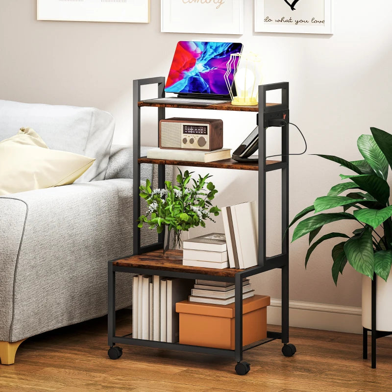 Rustic Brown 4-Tier Printer Stand with Power Outlets & Wheels - Mobile Office Storage Solution