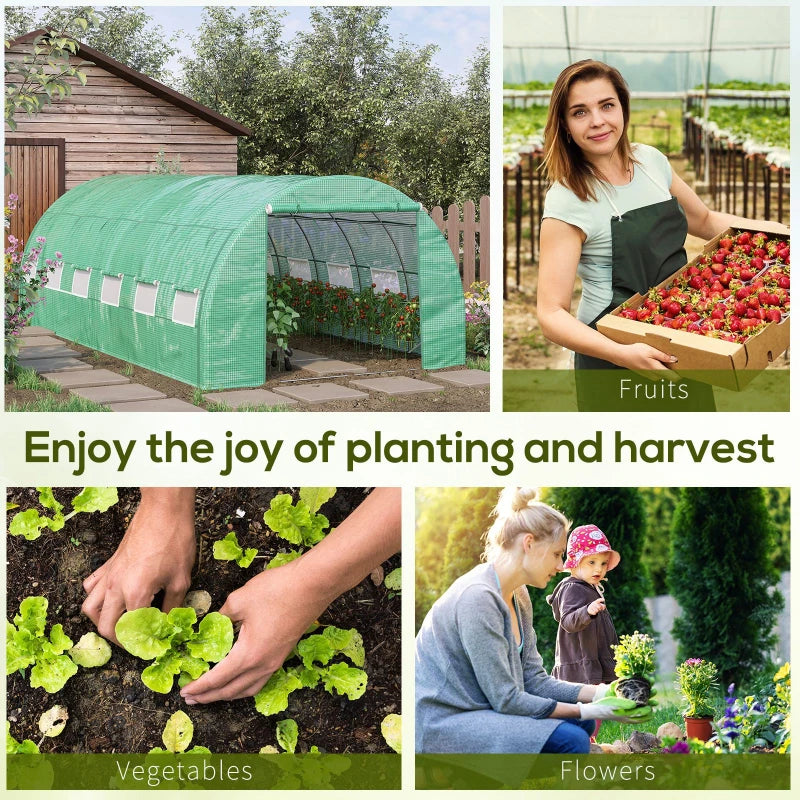 Green Walk-in Polytunnel Greenhouse with Roll-up Sidewalls, Zipped Door, 12 Windows - 6x3x2m