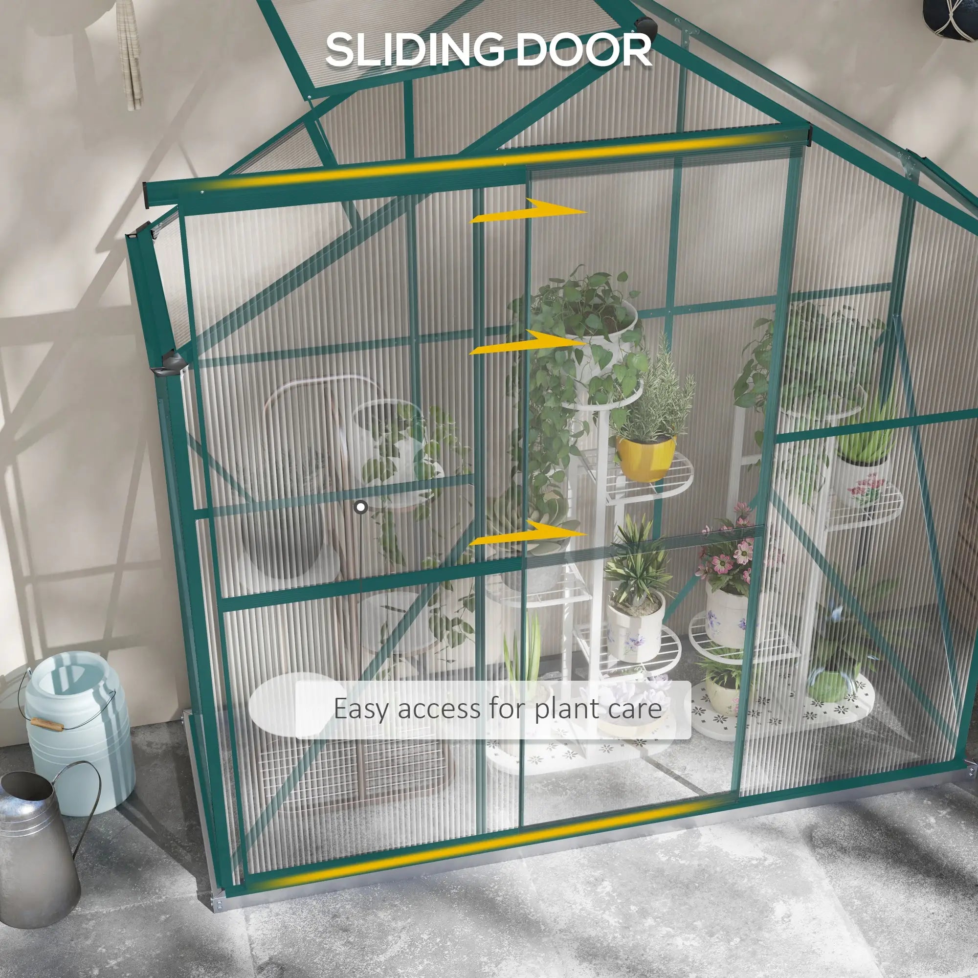 6ft x 2.5ft Green Polycarbonate Walk-In Greenhouse with Rain Gutter, Sliding Door, Window & Foundation