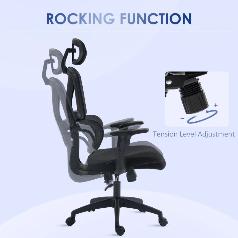 Vinsetto Adjustable Mesh Office Chair with Lumbar Support, Swivel Wheels & Headrest - Ergonomic Black Desk Chair