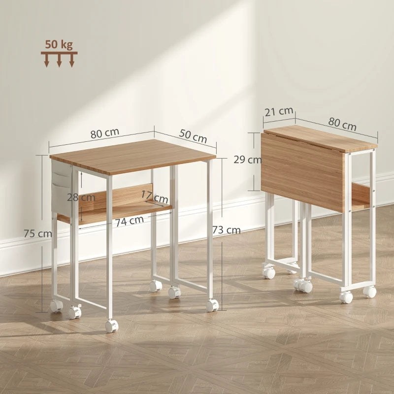 80 cm Drop Leaf Writing Desk - Natural Wood Finish, Space-Saving Home Office Table, Stylish and Functional Workstation