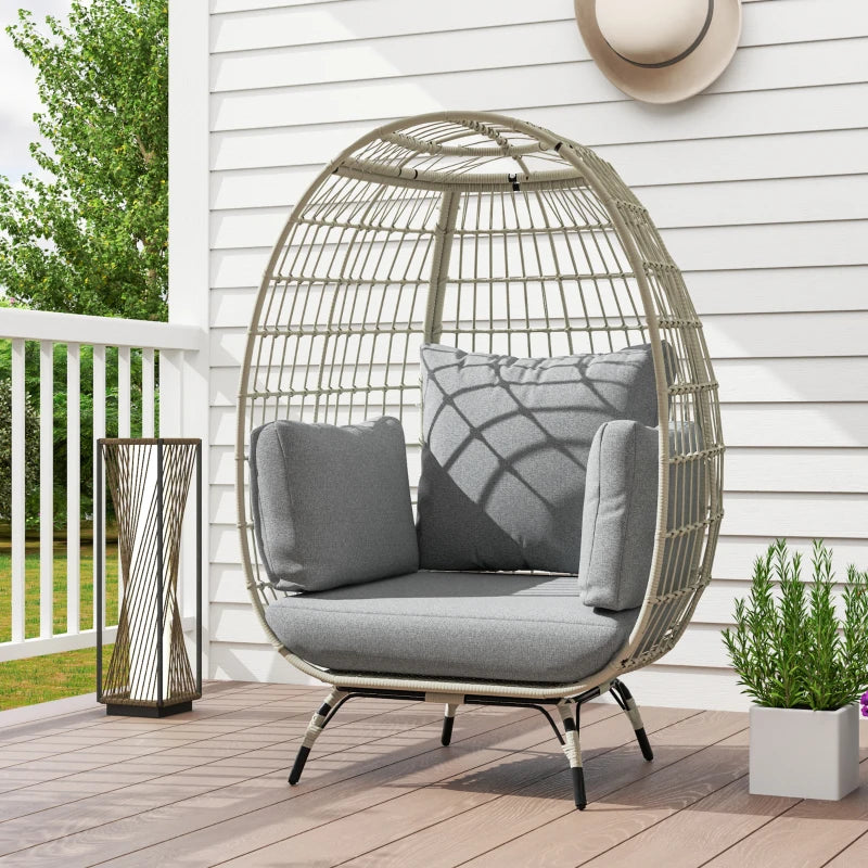 Stylish Rattan Egg Chair with Cushions and Pillows in Charcoal Grey for Outdoor Relaxation