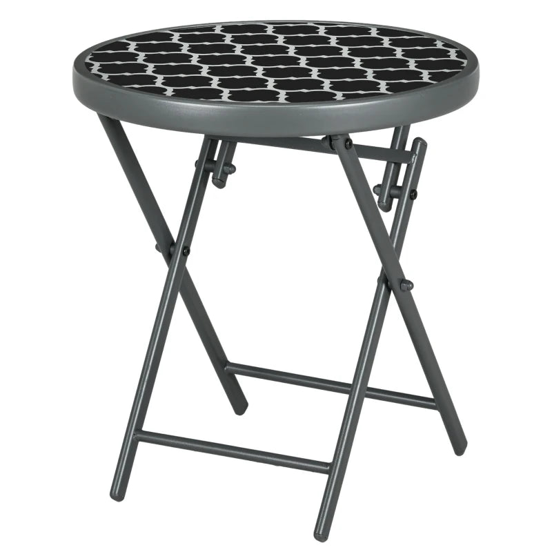 45cm Round Garden Side Table - Outdoor Folding Patio Table with Imitation Marble Glass Top - Black & White Coffee Table
