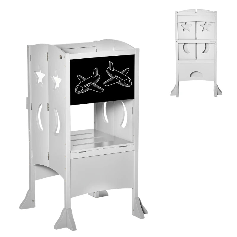 Kids Step Stool with Blackboard & Lockable Handrail - Toddler Kitchen Stool for Safe Counter Access - Grey
