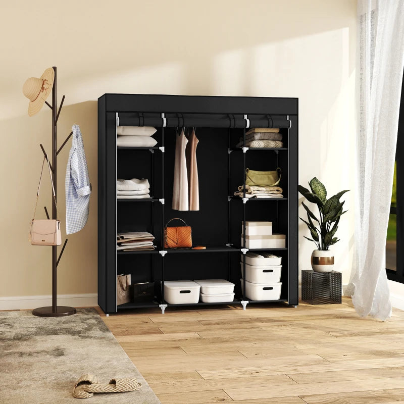 Portable Foldable Fabric Wardrobe Clothes Storage Organizer with Hanging Rail and Shelves Black