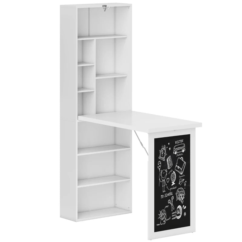 Wall Mounted Folding Computer Desk with Black Board and Bookshelf Multifunctional Floating Writing Table for Home Office White