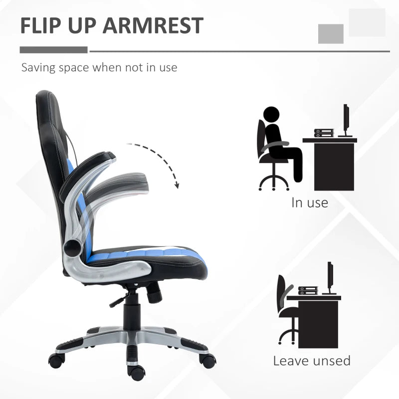 Ergonomic Blue Gaming Chair - PU Leather Office Desk Swivel Chair with Adjustable Height, 90° Flip-up Armrests & Rolling Wheels