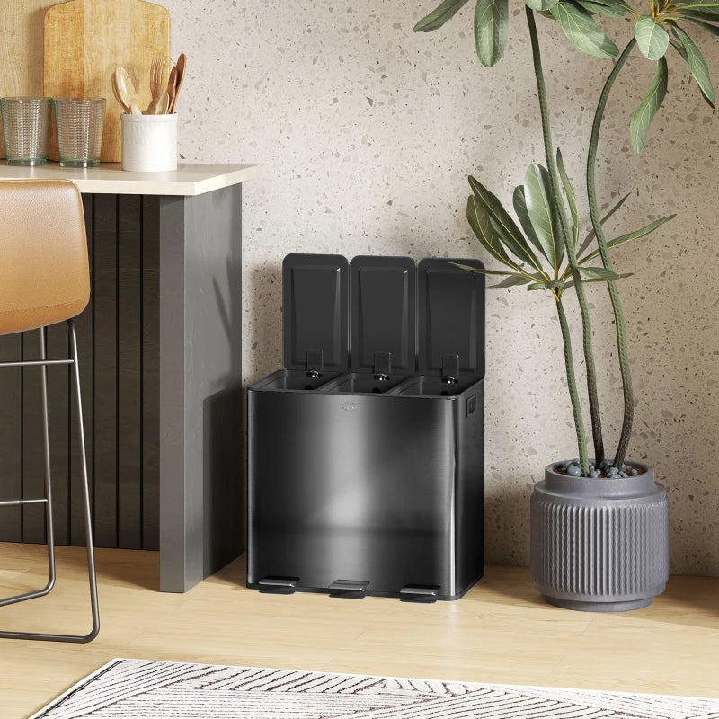 3 x 15L Steel Pedal Bin Set - Triple Kitchen Trash Can with Soft Close Lid, Removable Buckets, Fingerprint-Proof, Black