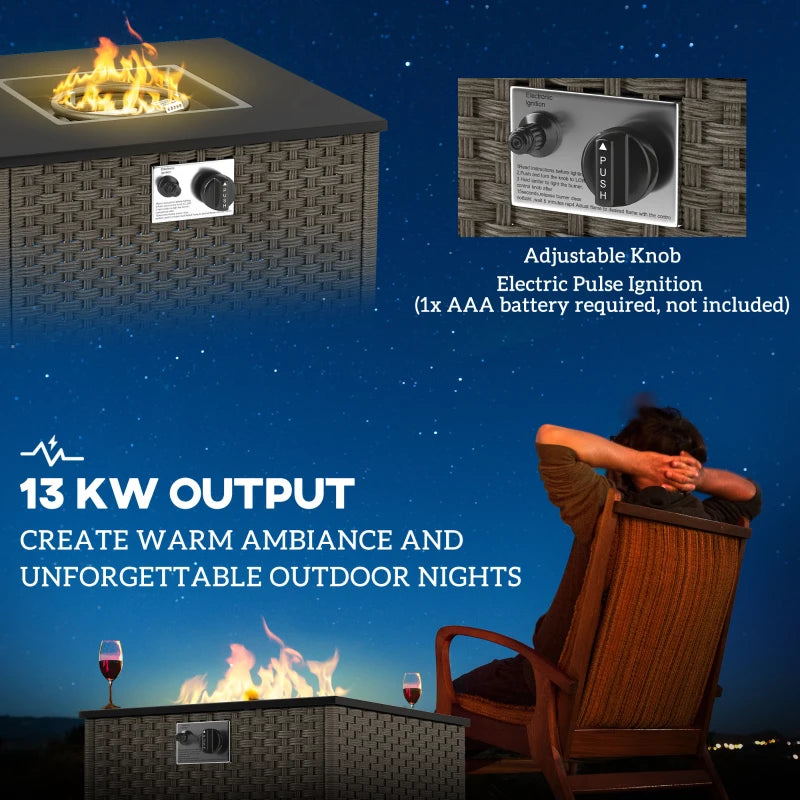 Rattan Gas Fire Pit Table - 13KW Smokeless Propane Heater, Square Outdoor Coffee Table with Lid, 58x58x33cm, Grey