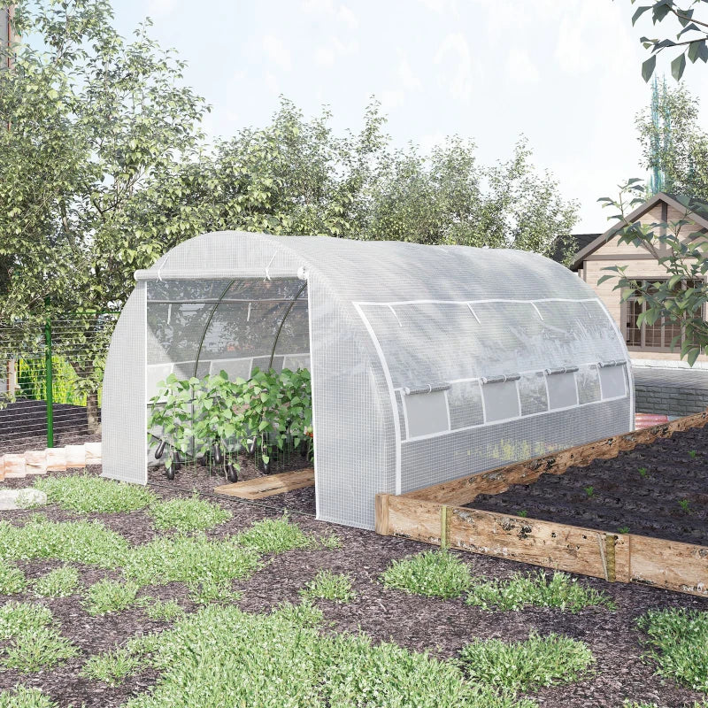 Green Walk-in Polytunnel Greenhouse with Roll-up Side Walls, Steel Frame, Zipped Door - White