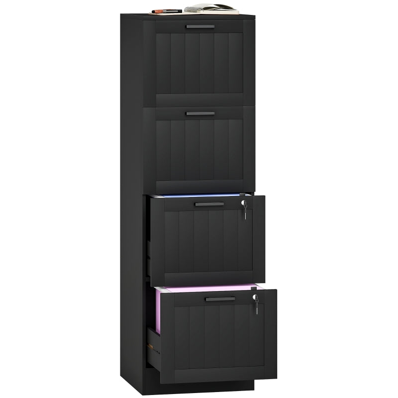 Secure 4 Drawer Filing Cabinet with Lock - Adjustable Hanging Bars for A4 Files - Stylish Black Office Storage Solution