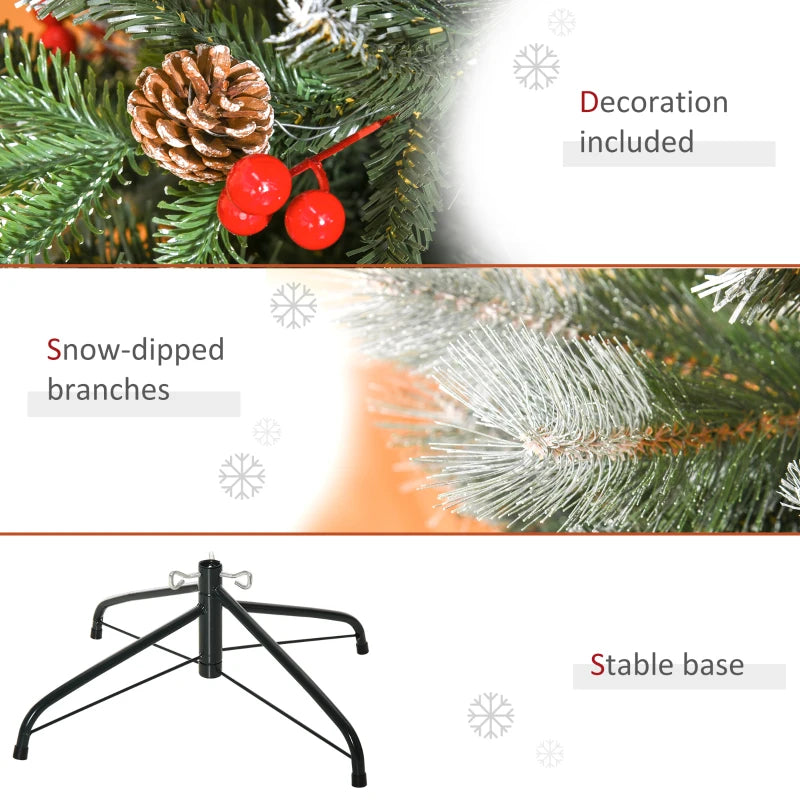 5FT Snow Dipped Christmas Pencil Tree with Red Berries & White Pinecones - Foldable Holiday Decoration for Home Parties