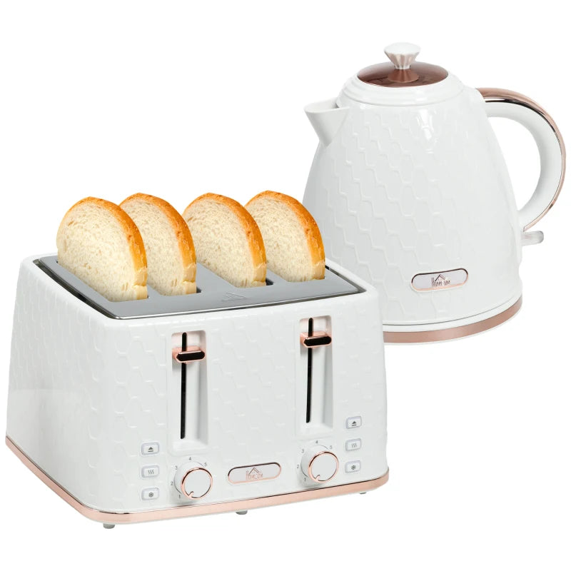 1.7L 3000W Fast Boil Kettle & 4 Slice Toaster Set - White, 7 Browning Controls, Crumb Tray, Kitchen Essentials